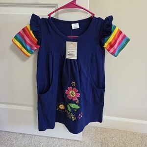 Kids Blue Shirt/dress with Rainbow Sleeves